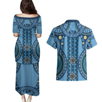 Bula Fiji Vintage Couples Matching Puletasi and Hawaiian Shirt Prussian Blue Masi Motifs LT7 - Polynesian Pride