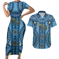 Bula Fiji Vintage Couples Matching Short Sleeve Bodycon Dress and Hawaiian Shirt Prussian Blue Masi Motifs LT7 Prussian Blue - Polynesian Pride