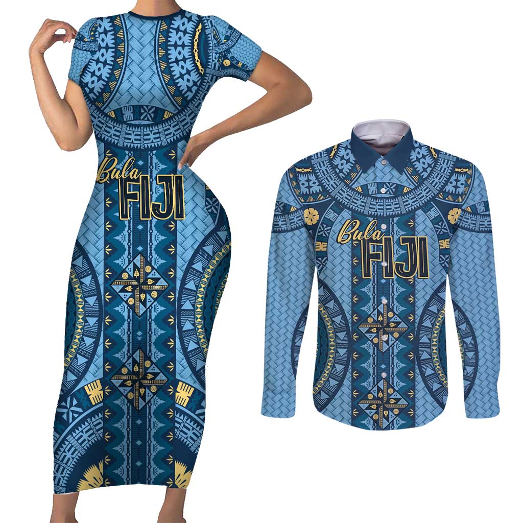 Bula Fiji Vintage Couples Matching Short Sleeve Bodycon Dress and Long Sleeve Button Shirt Prussian Blue Masi Motifs LT7 Prussian Blue - Polynesian Pride