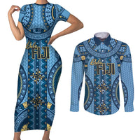 Bula Fiji Vintage Couples Matching Short Sleeve Bodycon Dress and Long Sleeve Button Shirt Prussian Blue Masi Motifs LT7 Prussian Blue - Polynesian Pride