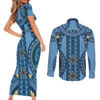 Bula Fiji Vintage Couples Matching Short Sleeve Bodycon Dress and Long Sleeve Button Shirt Prussian Blue Masi Motifs LT7 - Polynesian Pride