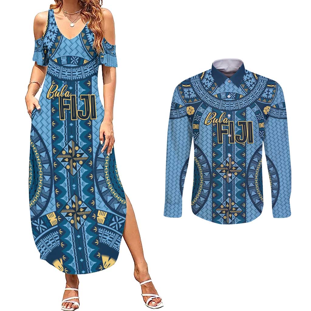 Bula Fiji Vintage Couples Matching Summer Maxi Dress and Long Sleeve Button Shirt Prussian Blue Masi Motifs LT7 Prussian Blue - Polynesian Pride