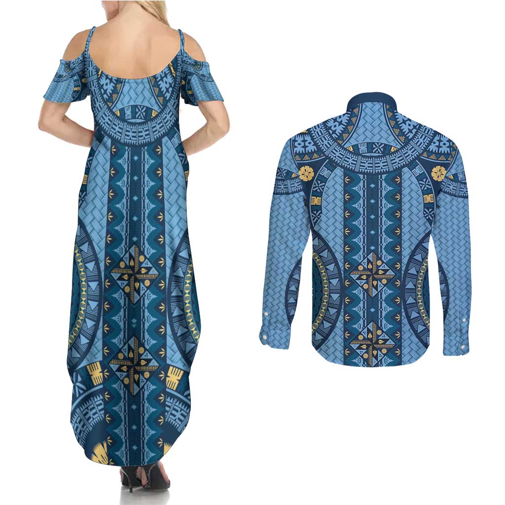 Bula Fiji Vintage Couples Matching Summer Maxi Dress and Long Sleeve Button Shirt Prussian Blue Masi Motifs LT7 - Polynesian Pride