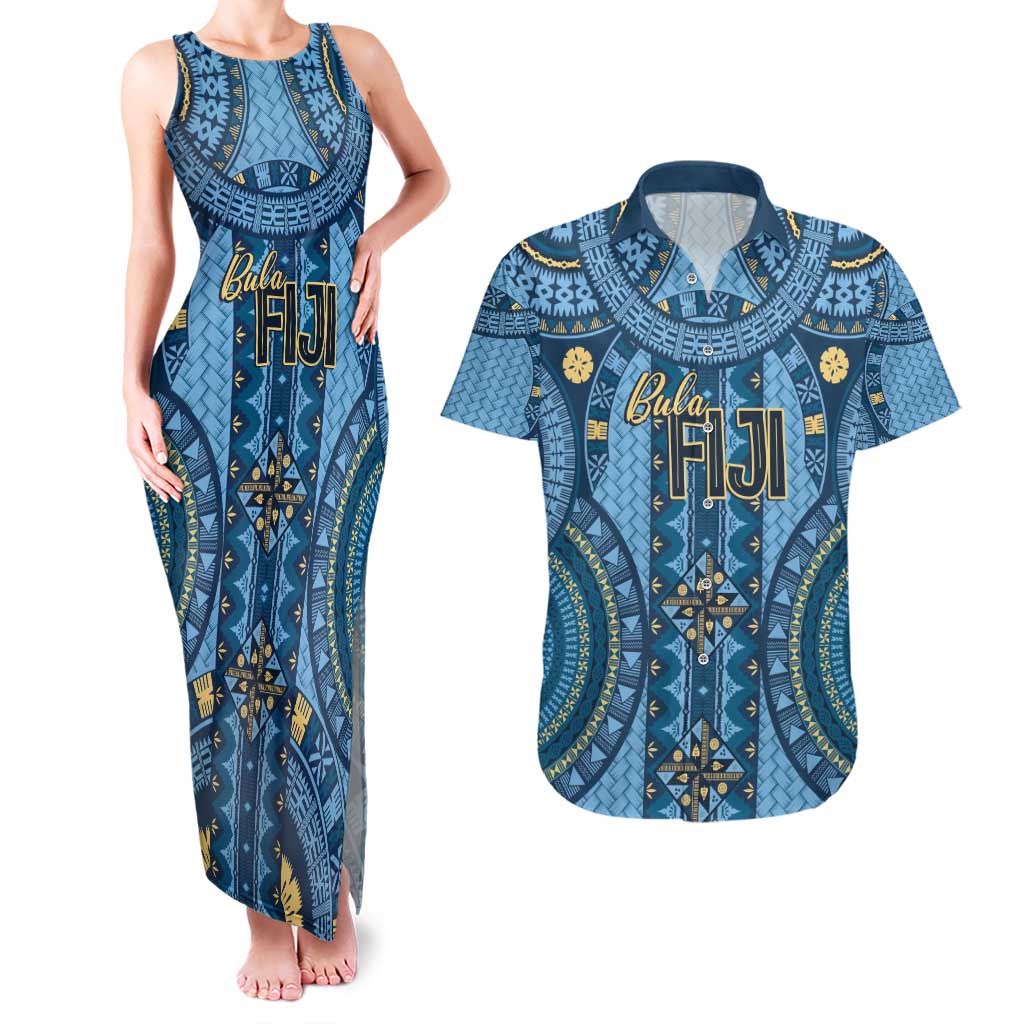 Bula Fiji Vintage Couples Matching Tank Maxi Dress and Hawaiian Shirt Prussian Blue Masi Motifs LT7 Prussian Blue - Polynesian Pride