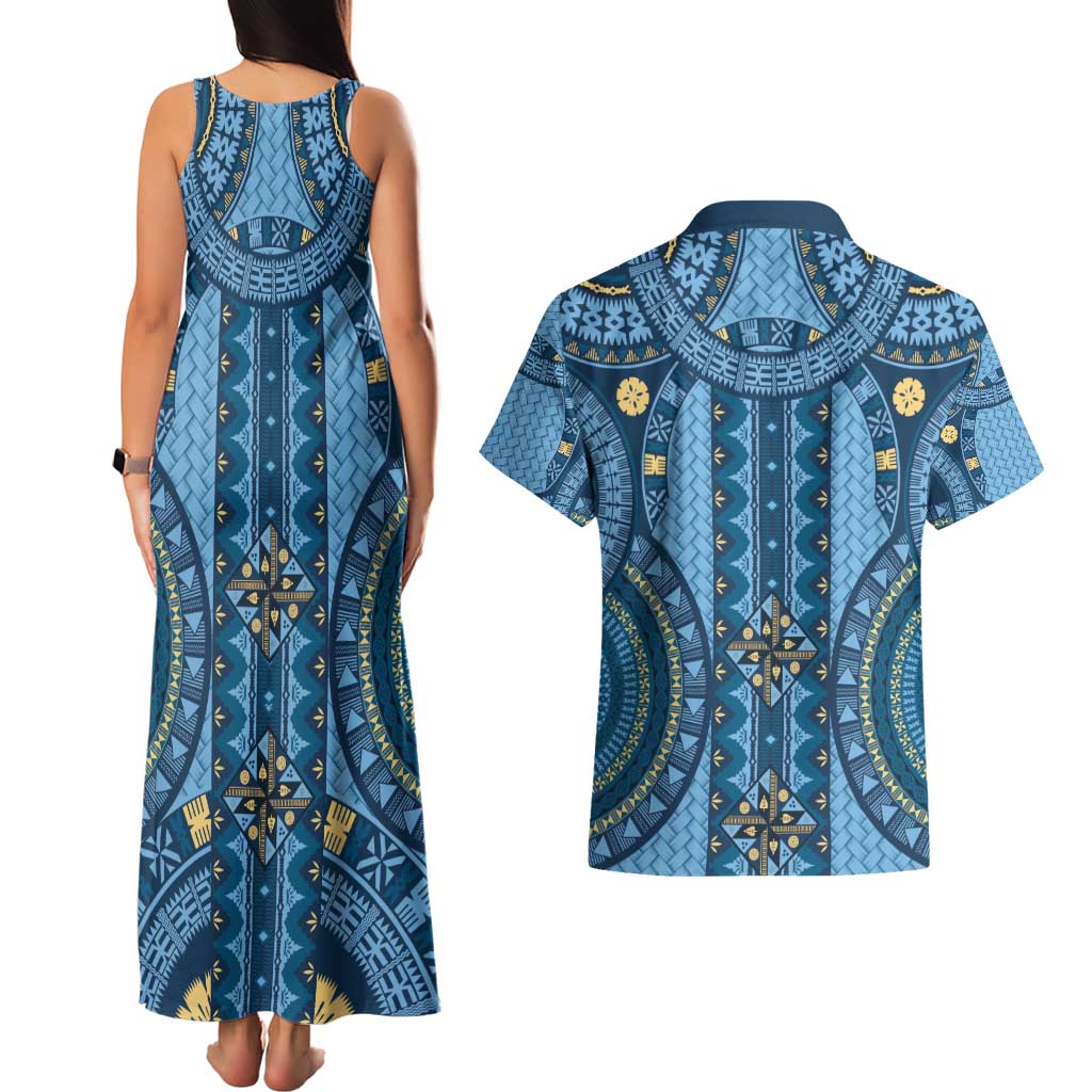 Bula Fiji Vintage Couples Matching Tank Maxi Dress and Hawaiian Shirt Prussian Blue Masi Motifs LT7 - Polynesian Pride