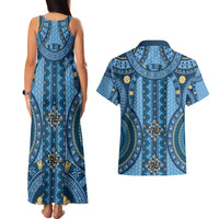Bula Fiji Vintage Couples Matching Tank Maxi Dress and Hawaiian Shirt Prussian Blue Masi Motifs LT7 - Polynesian Pride