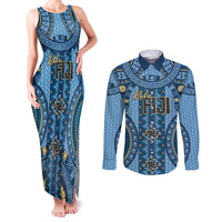 Bula Fiji Vintage Couples Matching Tank Maxi Dress and Long Sleeve Button Shirt Prussian Blue Masi Motifs LT7 Prussian Blue - Polynesian Pride