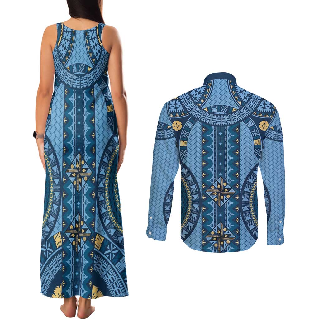 Bula Fiji Vintage Couples Matching Tank Maxi Dress and Long Sleeve Button Shirt Prussian Blue Masi Motifs LT7 - Polynesian Pride