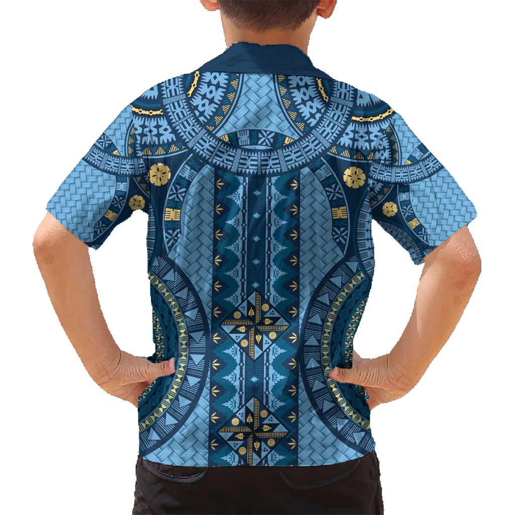 Bula Fiji Vintage Family Matching Long Sleeve Bodycon Dress and Hawaiian Shirt Prussian Blue Masi Motifs LT7 - Polynesian Pride