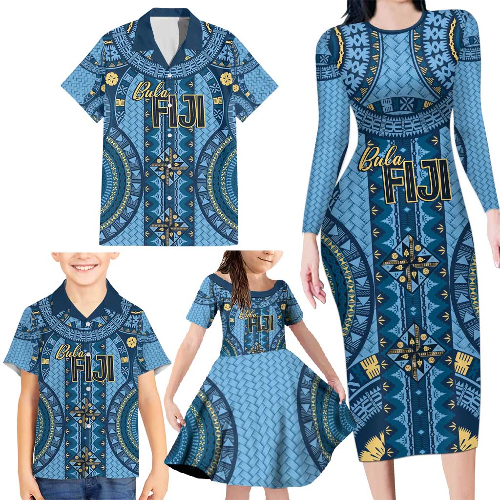 Bula Fiji Vintage Family Matching Long Sleeve Bodycon Dress and Hawaiian Shirt Prussian Blue Masi Motifs LT7 - Polynesian Pride