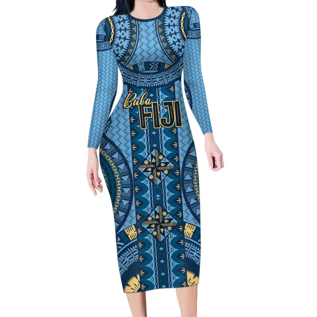 Bula Fiji Vintage Family Matching Long Sleeve Bodycon Dress and Hawaiian Shirt Prussian Blue Masi Motifs LT7 Mom's Dress Prussian Blue - Polynesian Pride