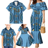Bula Fiji Vintage Family Matching Mermaid Dress and Hawaiian Shirt Prussian Blue Masi Motifs LT7 - Polynesian Pride