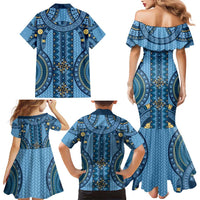 Bula Fiji Vintage Family Matching Mermaid Dress and Hawaiian Shirt Prussian Blue Masi Motifs LT7 - Polynesian Pride