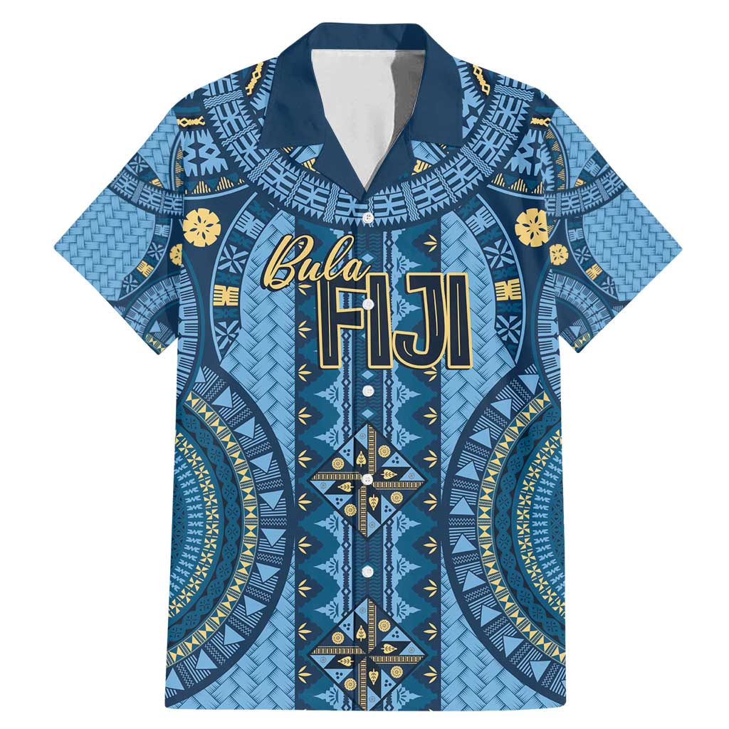 Bula Fiji Vintage Family Matching Mermaid Dress and Hawaiian Shirt Prussian Blue Masi Motifs LT7 Dad's Shirt - Short Sleeve Prussian Blue - Polynesian Pride