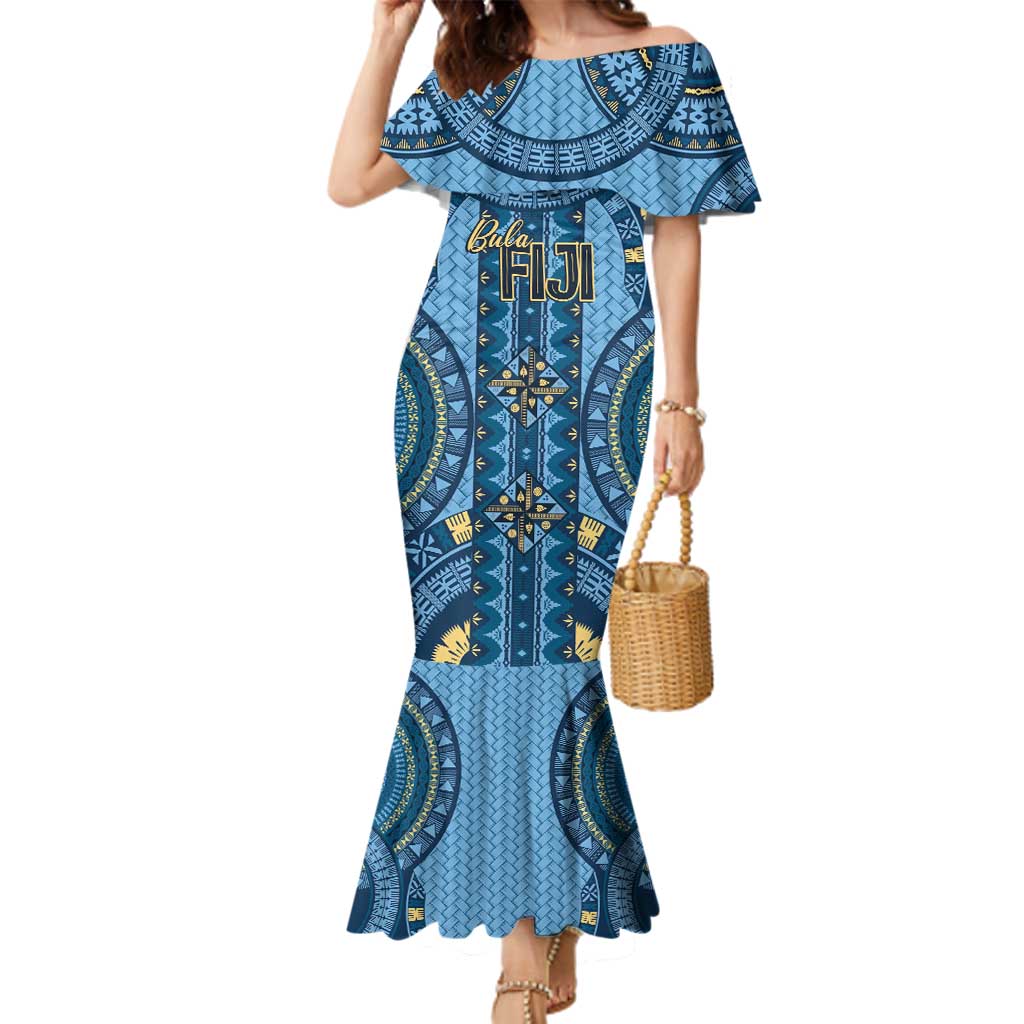 Bula Fiji Vintage Family Matching Mermaid Dress and Hawaiian Shirt Prussian Blue Masi Motifs LT7 Mom's Dress Prussian Blue - Polynesian Pride