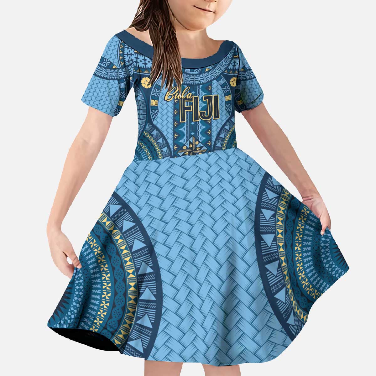 Bula Fiji Vintage Family Matching Off The Shoulder Long Sleeve Dress and Hawaiian Shirt Prussian Blue Masi Motifs LT7 Daughter's Dress Prussian Blue - Polynesian Pride