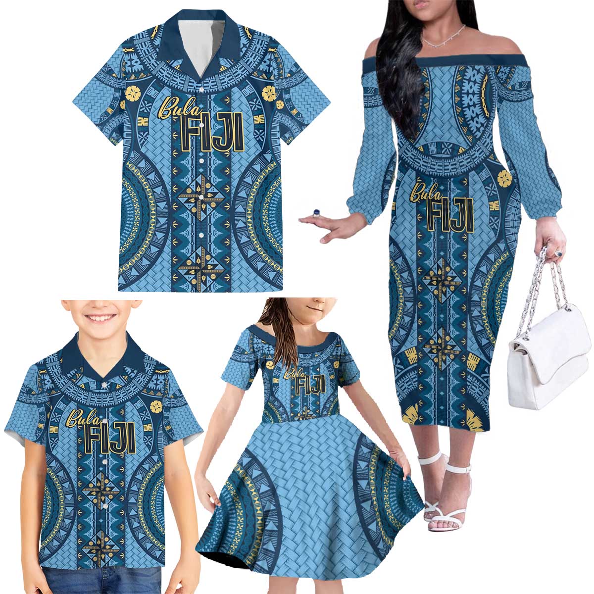 Bula Fiji Vintage Family Matching Off The Shoulder Long Sleeve Dress and Hawaiian Shirt Prussian Blue Masi Motifs LT7 - Polynesian Pride