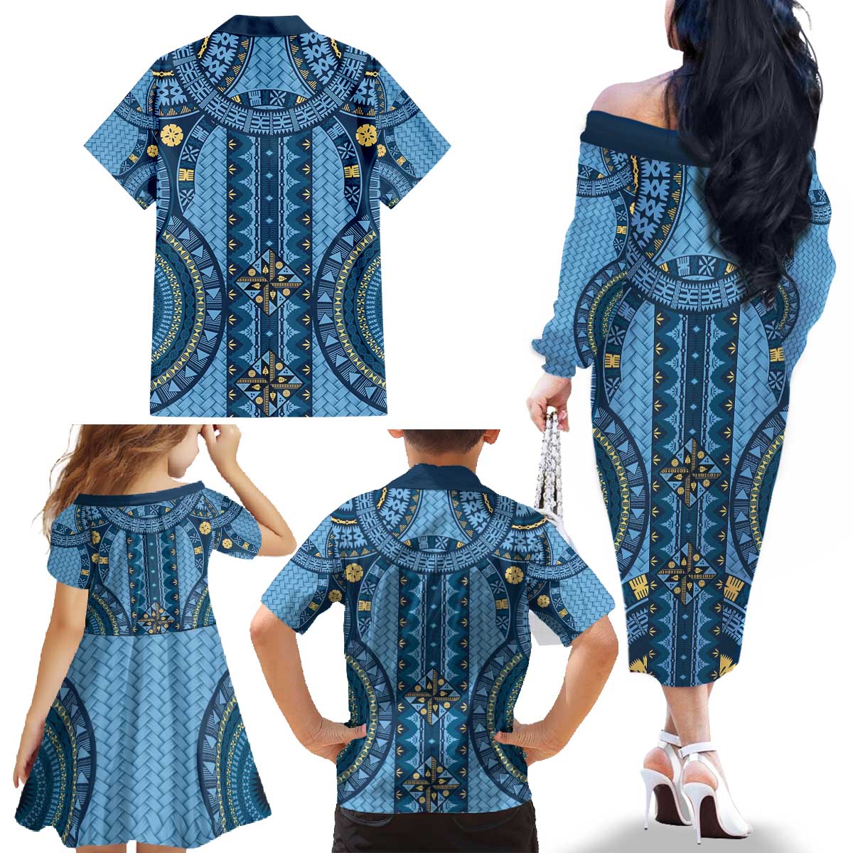 Bula Fiji Vintage Family Matching Off The Shoulder Long Sleeve Dress and Hawaiian Shirt Prussian Blue Masi Motifs LT7 - Polynesian Pride