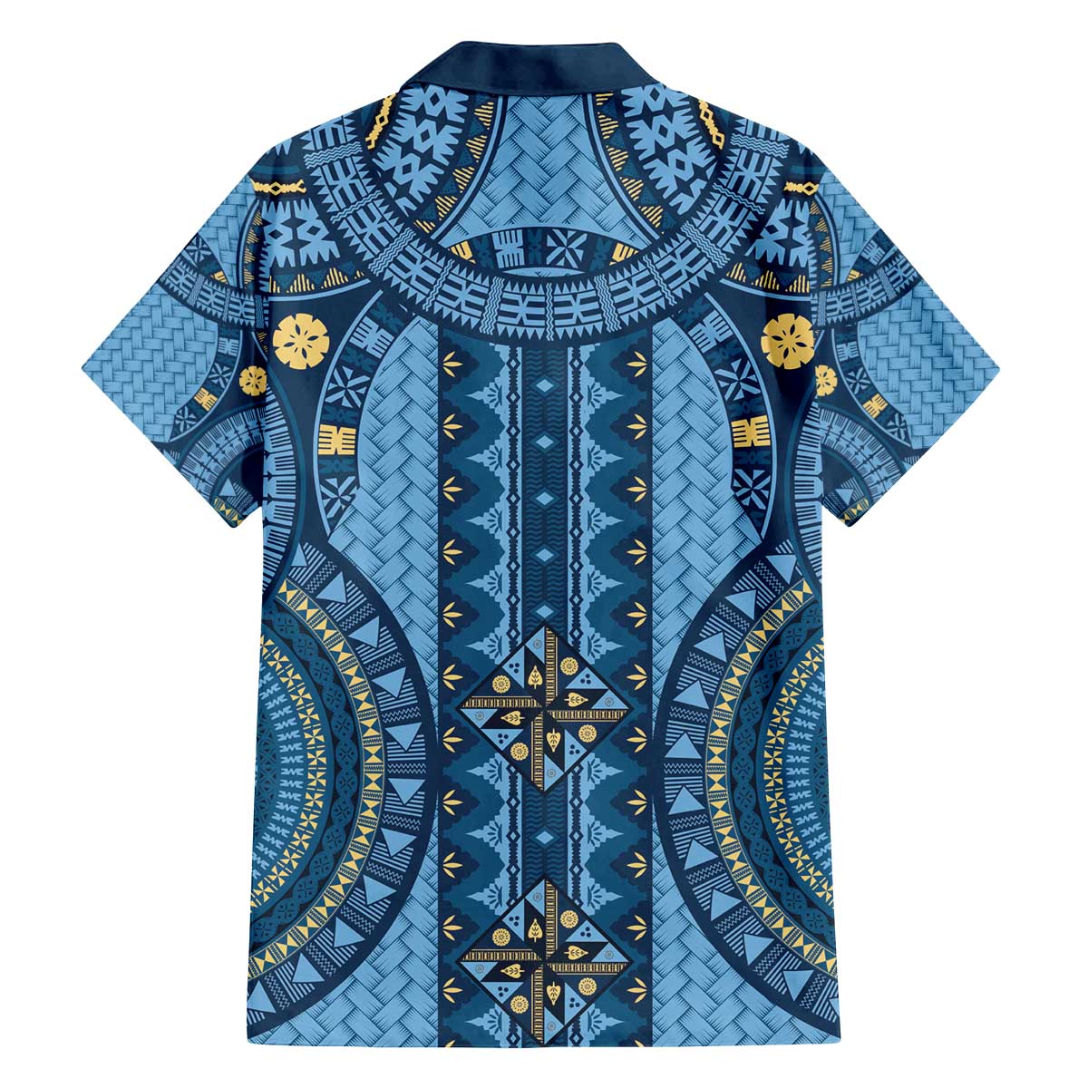 Bula Fiji Vintage Family Matching Off The Shoulder Long Sleeve Dress and Hawaiian Shirt Prussian Blue Masi Motifs LT7 - Polynesian Pride