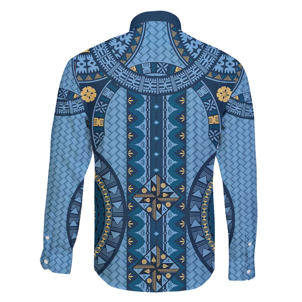 Bula Fiji Vintage Family Matching Off The Shoulder Long Sleeve Dress and Hawaiian Shirt Prussian Blue Masi Motifs LT7 - Polynesian Pride