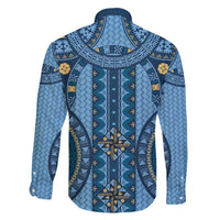 Bula Fiji Vintage Family Matching Off The Shoulder Long Sleeve Dress and Hawaiian Shirt Prussian Blue Masi Motifs LT7 - Polynesian Pride