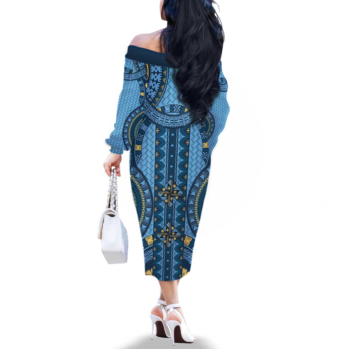 Bula Fiji Vintage Family Matching Off The Shoulder Long Sleeve Dress and Hawaiian Shirt Prussian Blue Masi Motifs LT7 - Polynesian Pride