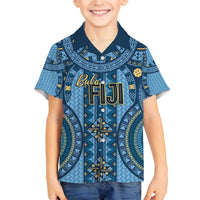 Bula Fiji Vintage Family Matching Off The Shoulder Long Sleeve Dress and Hawaiian Shirt Prussian Blue Masi Motifs LT7 Son's Shirt Prussian Blue - Polynesian Pride