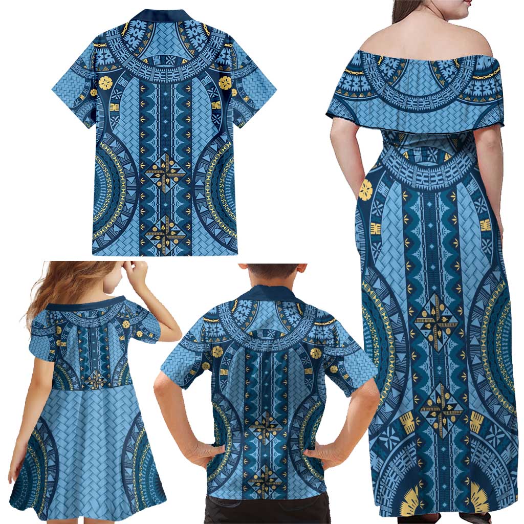 Bula Fiji Vintage Family Matching Off Shoulder Maxi Dress and Hawaiian Shirt Prussian Blue Masi Motifs LT7 - Polynesian Pride