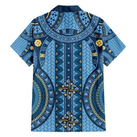 Bula Fiji Vintage Family Matching Off Shoulder Maxi Dress and Hawaiian Shirt Prussian Blue Masi Motifs LT7 - Polynesian Pride