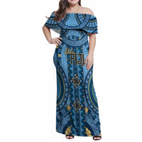 Bula Fiji Vintage Family Matching Off Shoulder Maxi Dress and Hawaiian Shirt Prussian Blue Masi Motifs LT7 Mom's Dress Prussian Blue - Polynesian Pride