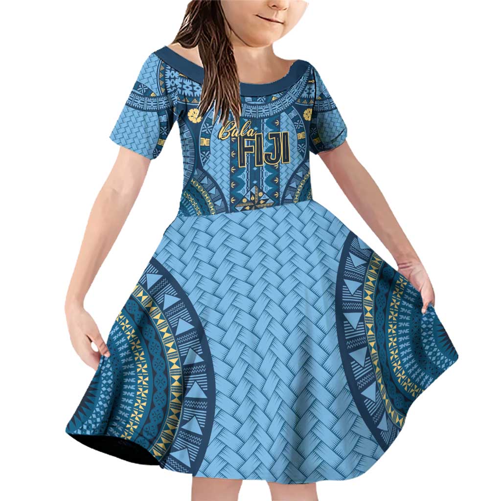 Bula Fiji Vintage Family Matching Off Shoulder Short Dress and Hawaiian Shirt Prussian Blue Masi Motifs LT7 Daughter's Dress Prussian Blue - Polynesian Pride