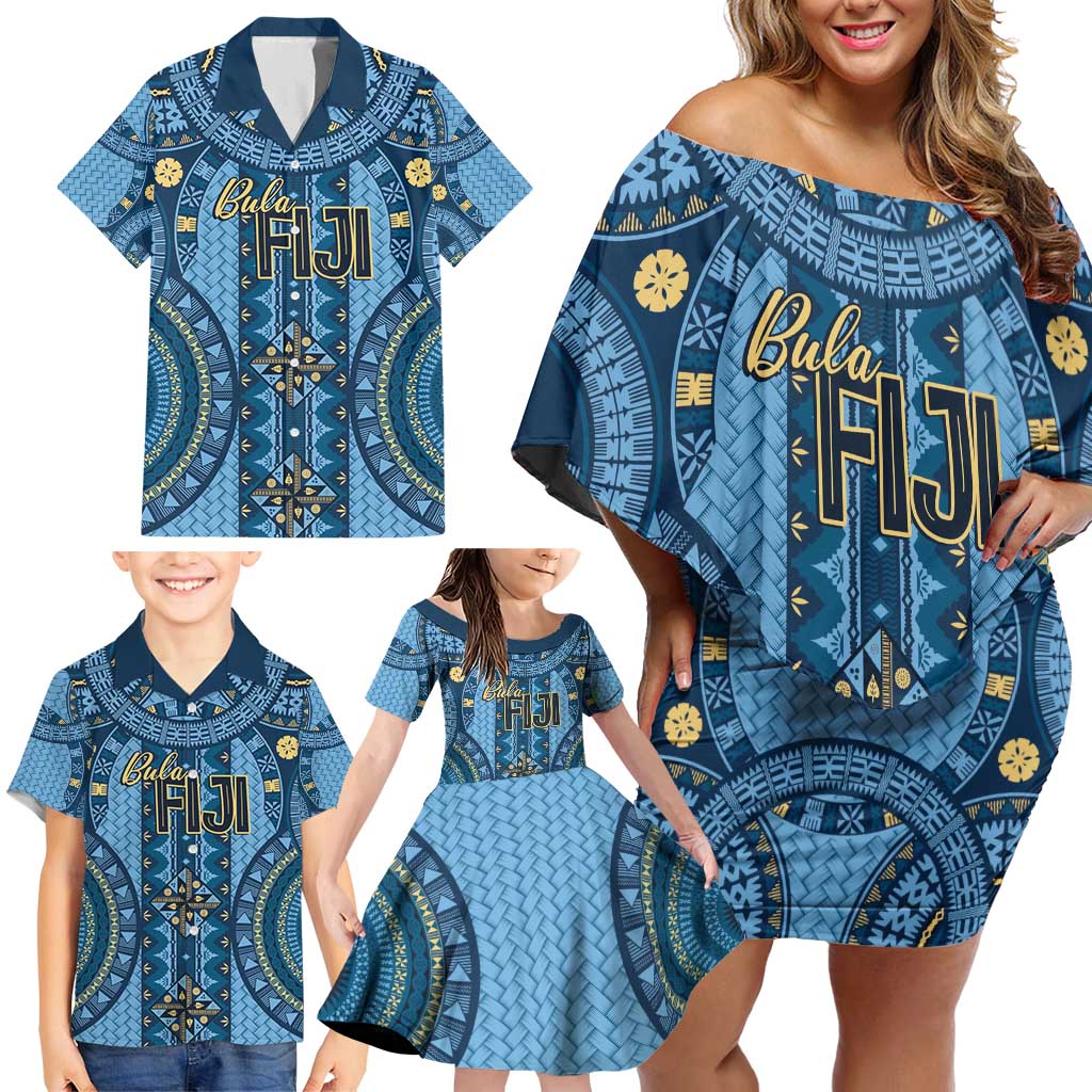 Bula Fiji Vintage Family Matching Off Shoulder Short Dress and Hawaiian Shirt Prussian Blue Masi Motifs LT7 - Polynesian Pride