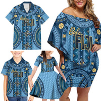 Bula Fiji Vintage Family Matching Off Shoulder Short Dress and Hawaiian Shirt Prussian Blue Masi Motifs LT7 - Polynesian Pride