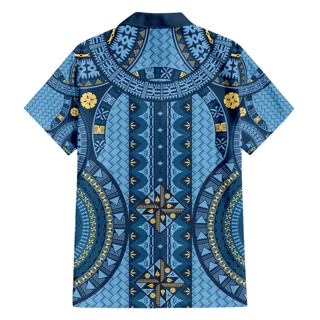 Bula Fiji Vintage Family Matching Off Shoulder Short Dress and Hawaiian Shirt Prussian Blue Masi Motifs LT7 - Polynesian Pride