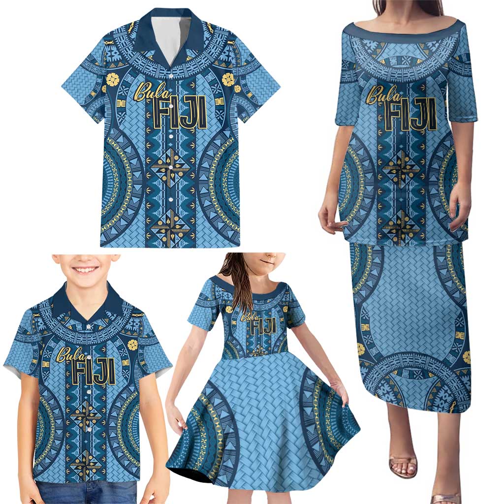 Bula Fiji Vintage Family Matching Puletasi and Hawaiian Shirt Prussian Blue Masi Motifs LT7 - Polynesian Pride