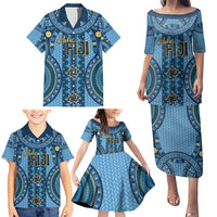 Bula Fiji Vintage Family Matching Puletasi and Hawaiian Shirt Prussian Blue Masi Motifs LT7 - Polynesian Pride