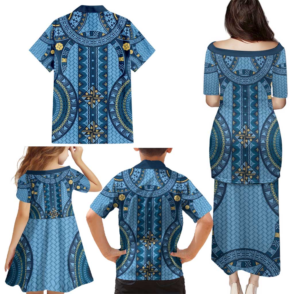 Bula Fiji Vintage Family Matching Puletasi and Hawaiian Shirt Prussian Blue Masi Motifs LT7 - Polynesian Pride