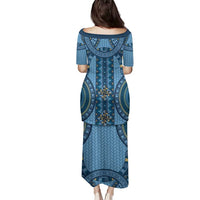 Bula Fiji Vintage Family Matching Puletasi and Hawaiian Shirt Prussian Blue Masi Motifs LT7 - Polynesian Pride
