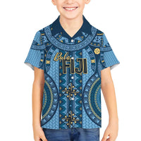 Bula Fiji Vintage Family Matching Puletasi and Hawaiian Shirt Prussian Blue Masi Motifs LT7 Son's Shirt Prussian Blue - Polynesian Pride