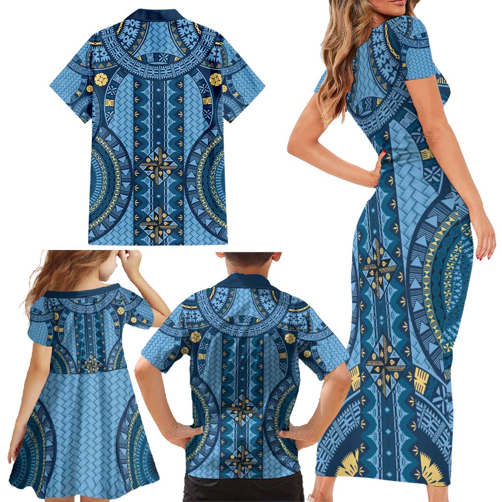 Bula Fiji Vintage Family Matching Short Sleeve Bodycon Dress and Hawaiian Shirt Prussian Blue Masi Motifs LT7 - Polynesian Pride