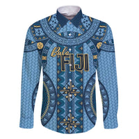 Bula Fiji Vintage Family Matching Short Sleeve Bodycon Dress and Hawaiian Shirt Prussian Blue Masi Motifs LT7 Dad's Shirt - Long Sleeve Prussian Blue - Polynesian Pride
