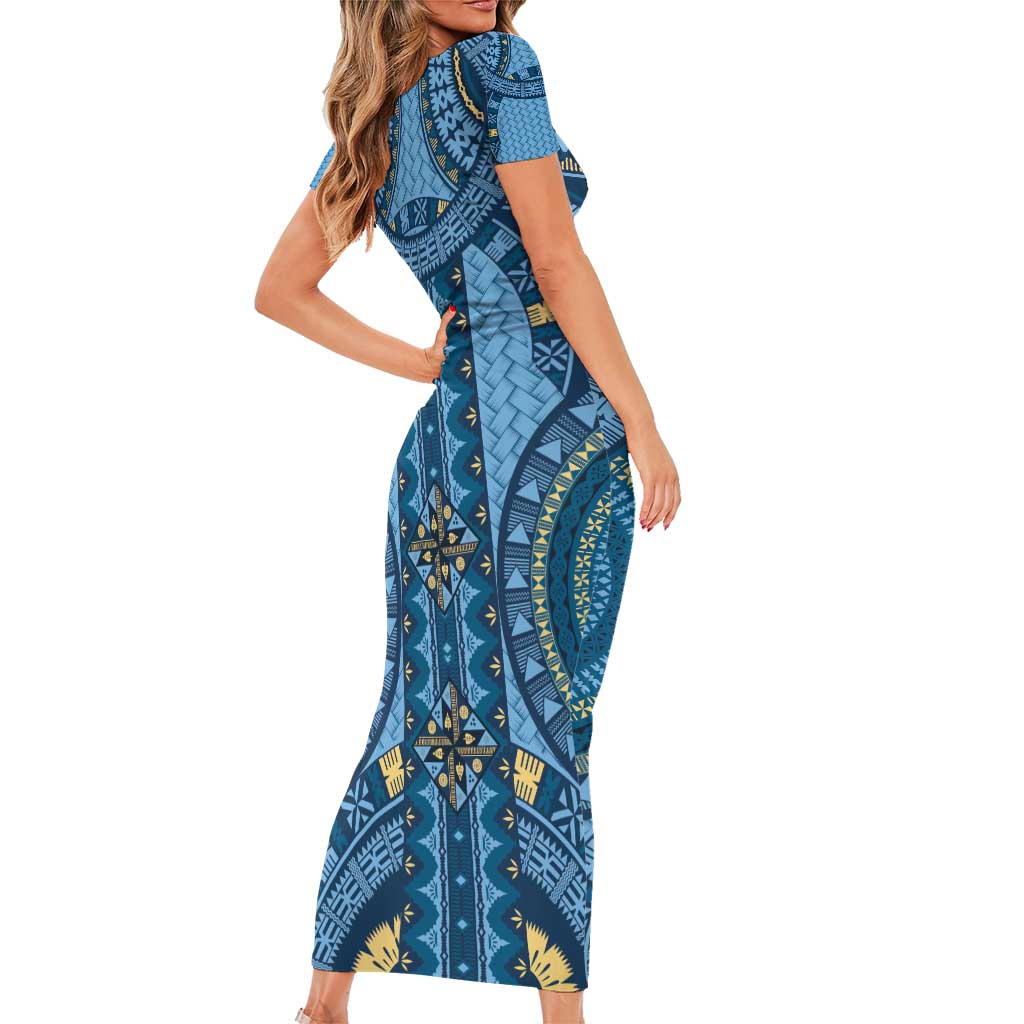 Bula Fiji Vintage Family Matching Short Sleeve Bodycon Dress and Hawaiian Shirt Prussian Blue Masi Motifs LT7 - Polynesian Pride