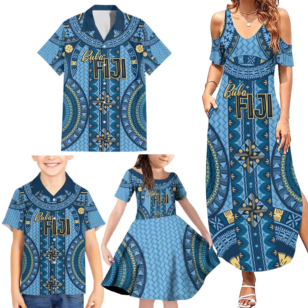 Bula Fiji Vintage Family Matching Summer Maxi Dress and Hawaiian Shirt Prussian Blue Masi Motifs LT7 - Polynesian Pride