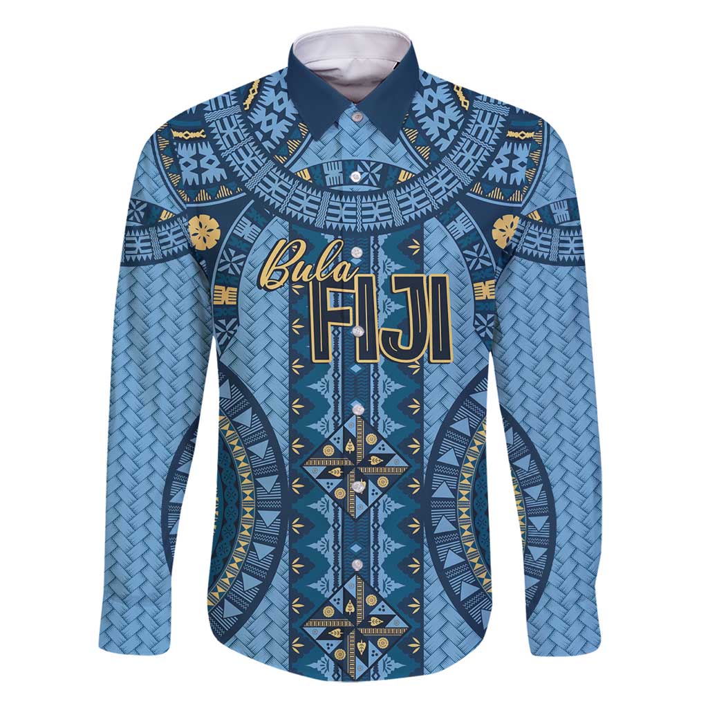 Bula Fiji Vintage Family Matching Summer Maxi Dress and Hawaiian Shirt Prussian Blue Masi Motifs LT7 Dad's Shirt - Long Sleeve Prussian Blue - Polynesian Pride