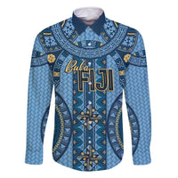Bula Fiji Vintage Family Matching Summer Maxi Dress and Hawaiian Shirt Prussian Blue Masi Motifs LT7 Dad's Shirt - Long Sleeve Prussian Blue - Polynesian Pride