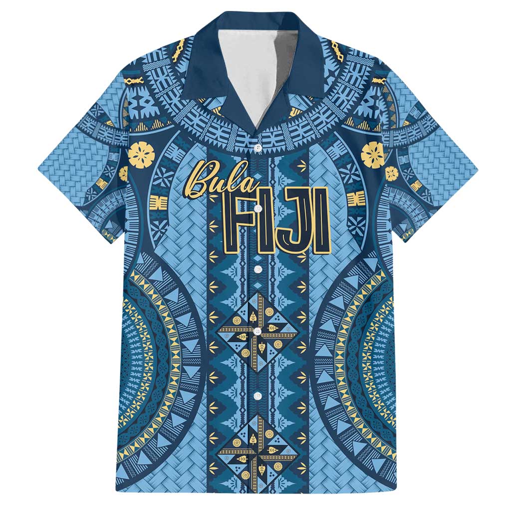 Bula Fiji Vintage Family Matching Tank Maxi Dress and Hawaiian Shirt Prussian Blue Masi Motifs LT7 Dad's Shirt - Short Sleeve Prussian Blue - Polynesian Pride