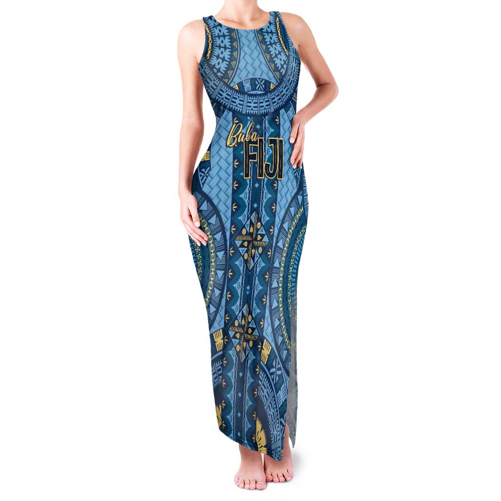 Bula Fiji Vintage Family Matching Tank Maxi Dress and Hawaiian Shirt Prussian Blue Masi Motifs LT7 Mom's Dress Prussian Blue - Polynesian Pride