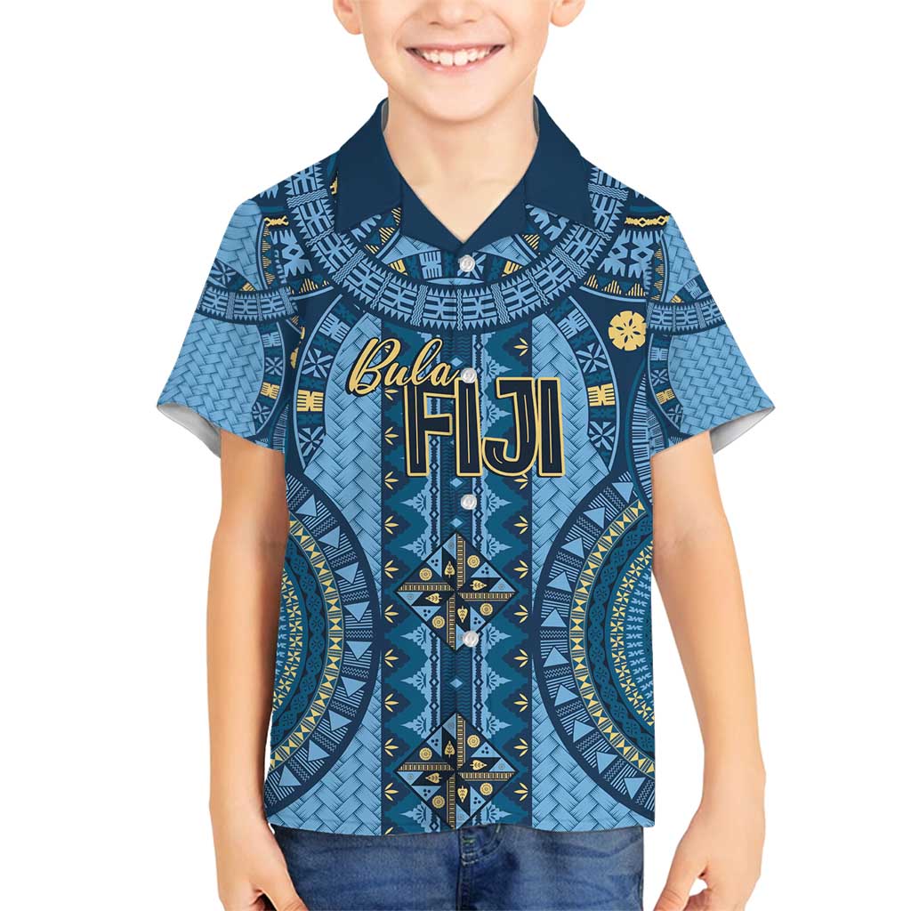 Bula Fiji Vintage Family Matching Tank Maxi Dress and Hawaiian Shirt Prussian Blue Masi Motifs LT7 Son's Shirt Prussian Blue - Polynesian Pride