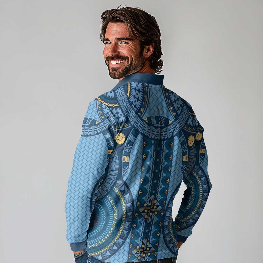 Bula Fiji Vintage Long Sleeve Polo Shirt Prussian Blue Masi Motifs