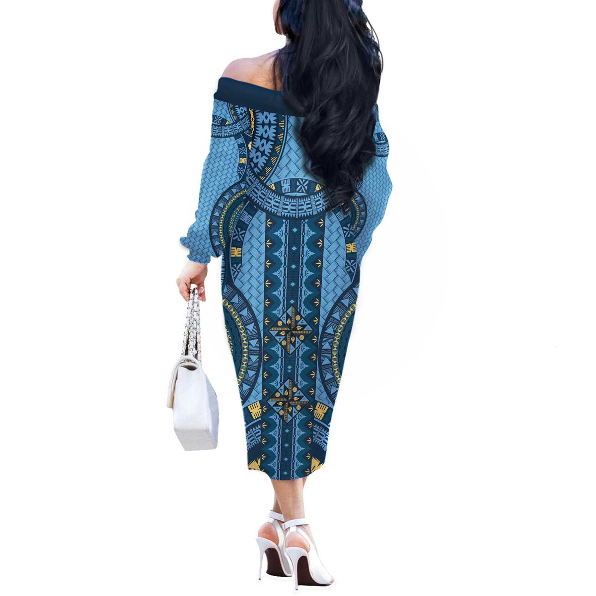 Bula Fiji Vintage Off The Shoulder Long Sleeve Dress Prussian Blue Masi Motifs